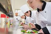 stock photo of food  - Chef finishing her salad in culinary class in kitchen - JPG 