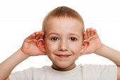 picture of children  - Smiling human child hand listening deaf ear gossip - JPG 