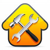 stock photo of construction  - Hammer and wrench over construction sign on white background - JPG 