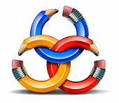 image of meeting  - Creative partnership and collaborating ideas together as a connected business group network of curved pencil rings as a concept of team thinking and finding solutions for success - JPG 