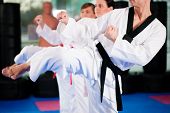 stock photo of art  - People in a gym in martial arts training exercising Taekwondo - JPG 