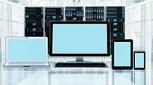 foto of computer  - A computer laptop tablet and a smart phone in front of server cabinet - JPG 