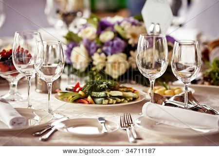 Picture or Photo of Empty glasses set in restaurant. Part of interior