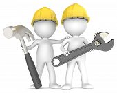 stock photo of toon  - 3D little human character The Builders X2 with Hammer and Wrench - JPG 