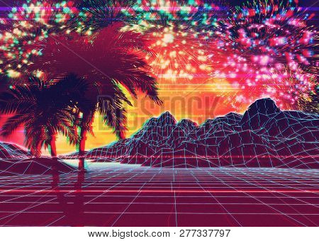 Poster: Neon Glowing Grid Rocks And