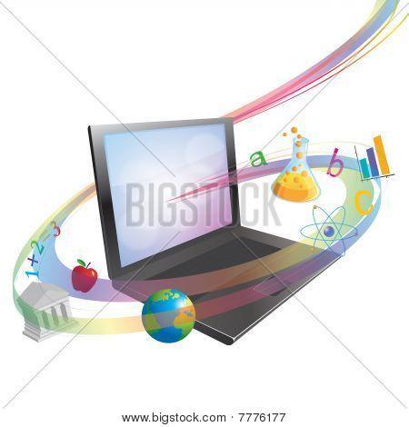 Picture or Photo of Various educational related icons swirl out of laptop screen. Conceptual illustration about computer-based or Internet-based learning.