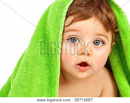 image of cute baby boy covered with green towel isolated on white baby boy posters