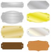 stock photo of competition  - Set of 8 different house or trophy nameplates with metal and wood structure - JPG 
