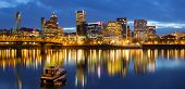 pic of hours  - Portland Oregon Downtown Waterfront Skyline along Willamette River at Blue Hour Twilight - JPG 