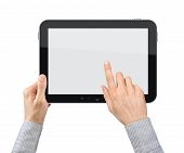 foto of businessmen  - Businessman hands are holding and point on touch screen device - JPG 