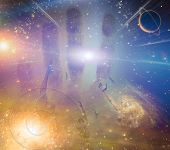 stock photo of intellect  - People soaring toward light amongst stars - JPG 