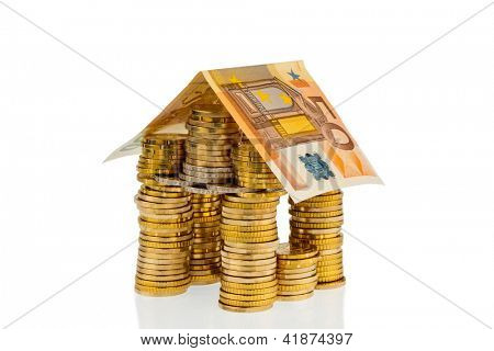 Picture or Photo of A house made of coins and banknotes. photo icon for construction and home loans