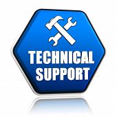 picture of blue  - technical support and tools sign 3d blue hexagon button with text - JPG 