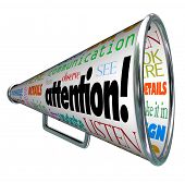 picture of communicate  - A bullhorn megaphone showing the word Attention and many words related to communication - JPG 