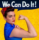 foto of woman  - Beautiful young woman posing as working girl and representing the ideals of the original poster of Rosie the Riveter year 1943 - JPG 