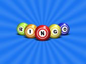 foto of illustration  - Illustration of Bingo balls spelling out the word BINGO over a blue abstract background - JPG 