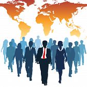 pic of workforce  - Global human resources business people work team walk forward from world map - JPG 
