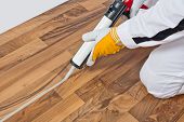image of silicon  - Worker Applies Silicone Sealant Spaces Of Old Wooden Floor to prevent movements - JPG 