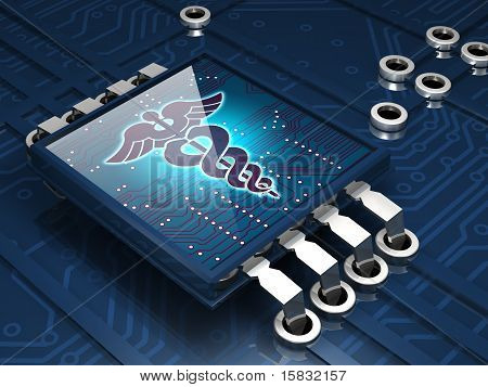 Picture or Photo of 3d illustration of glossy microchip with a medical symbol on it over a dark blue electronic circuit