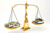 stock photo of education  - 3d illustration of balancing of money and education on scale - JPG 