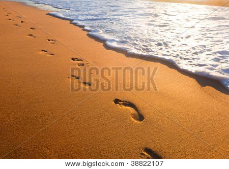 Picture or Photo of Beach, wave and footsteps at sunset time