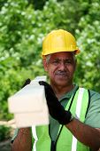 picture of construction worker  - Construction worker on the job carrying wood - JPG 