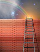 stock photo of blue sky  - Ladder leans on wall with sky and rainbow - JPG 