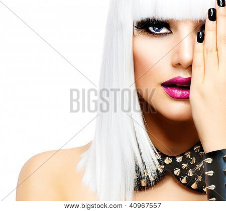 Picture or Photo of Fashion Beauty Girl. Punk Style Woman isolated on White Background. White Hair and Black Nails. Black Leather metal goth punk bracelet with Chrome Studs