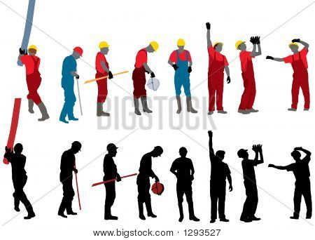 Picture or Photo of Team of construction workers vector silhouette and colour version