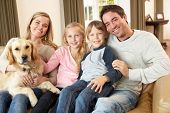picture of thirties  - Happy young family sitting on sofa holding a dog - JPG 