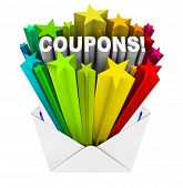 pic of savings  - An envelope opening to show a burst of stars and the word Coupons to give you special savings so you can redeem a coupon and save when you buy the things you need at a store or online retailer - JPG 