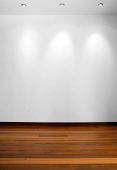 picture of interior  - Empty white wall with 3 spot lights and wooden floor - JPG 