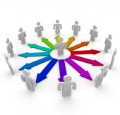 picture of leadership  - Many arrows of different colors connect several people in a communication network - JPG 