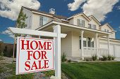 stock photo of home  - Home For Sale Sign in Front of Beautiful New Home - JPG 